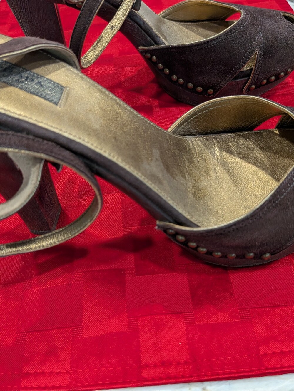 Prada Brown Suede Peep-Toe Ankle-Strap Heels with Gold Insole - Picture 5 of 10